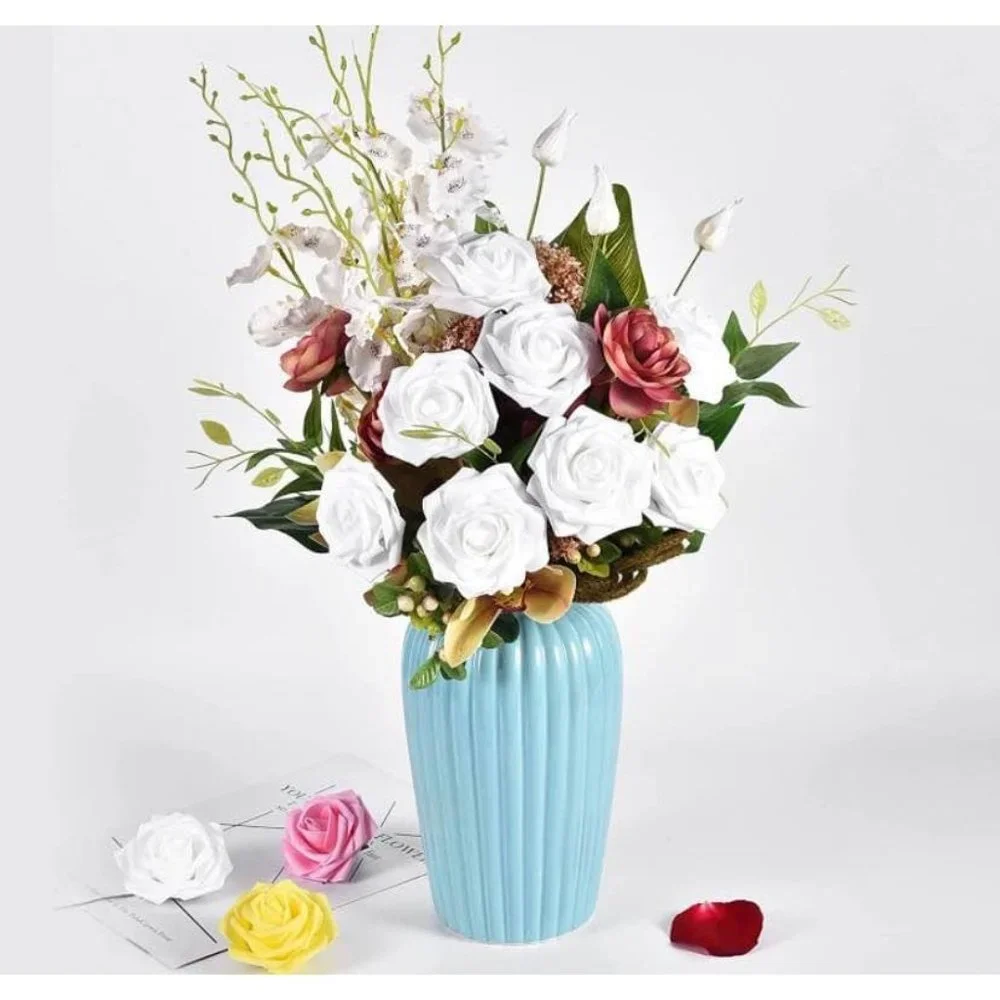 25 count | White Roses Faux Flowers with Stems Wedding Bouquet Centerpiece Decor